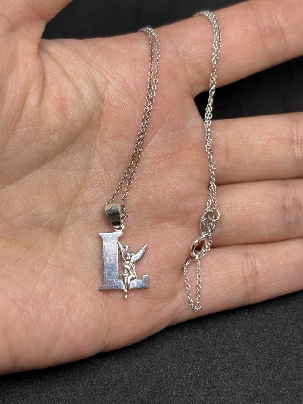 Vintage Disney Tinkerbell L Initial Letter Sterling Silver 925 Necklace 18”